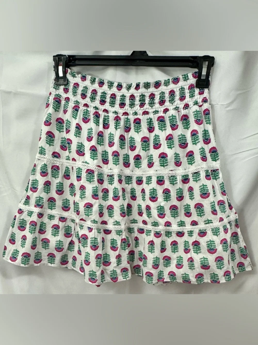 J. Crew White Tiered Skirt with Pink and Green Floral Print